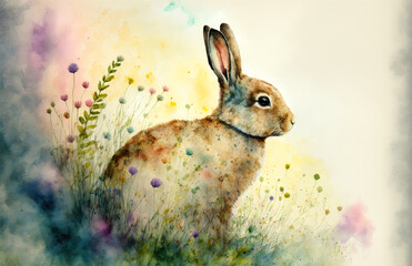 watercolor image of a rabbit between spring flowers in the grass, generative ai