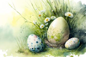 watercolor image of easter eaggs between flowers in the grass, generative ai - 561660477
