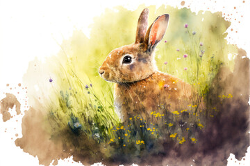 watercolor image of a rabbit between spring flowers in the grass, generative ai