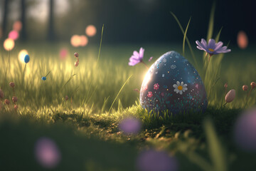 easter eaggs between flowers in the spring grass, generative ai - obrazy, fototapety, plakaty