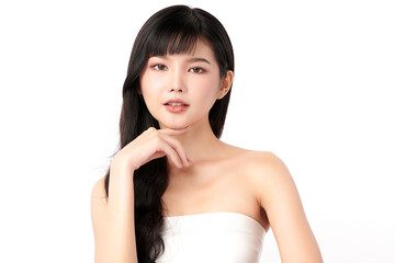 Fototapeta premium Beautiful young asian woman with clean fresh skin on white background, Face care, Facial treatment, Cosmetology, beauty and spa, Asian women portrait.
