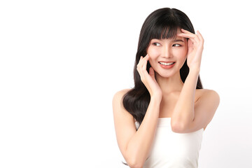 Fototapeta premium Beautiful young asian woman with clean fresh skin on white background, Face care, Facial treatment, Cosmetology, beauty and spa, Asian women portrait.