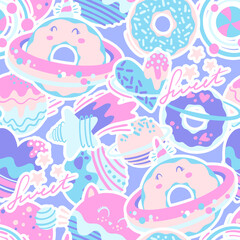 Fashion abstract seamless pattern with space donuts, planet, cosmic elements. Cool background on cute style for  girl
