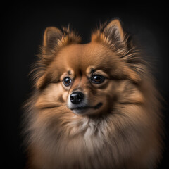 Obraz premium Beautiful little show Pomeranian, fox color long haired pet dog. Little fluffy puppy with expressive eyes. Close up studio photograph on a dark background. Image created with digital art.