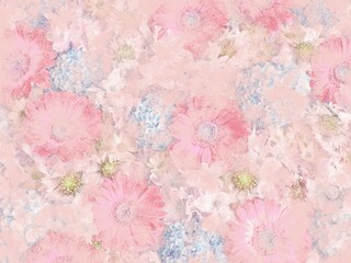 Pink background with flowers. Rough sketch of gerbera and hydrangea