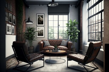 Fototapeta na wymiar Living room witg a sofa and two industrial style chairs AI-generated