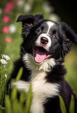 Border Collie puppy playing in the garden, cute dogs, Generative AI