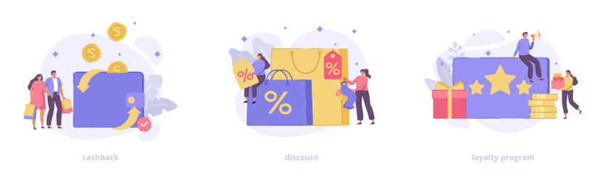 Set of shopping vector flat illustrations: Cash back, Discount and Loyalty program with floral elements and characters. Shopping icons for web site, landing page, banner. 