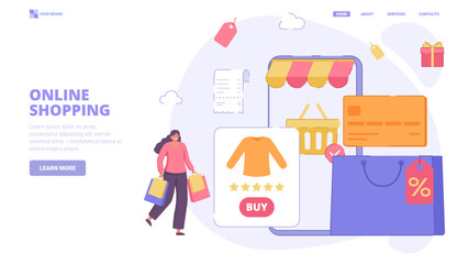 Fototapeta na wymiar E-commerce, shopping via smartphone, easy order, online shopping design concept for landing page. Flat vector illustration with tiny characters for website, banner, hero image.
