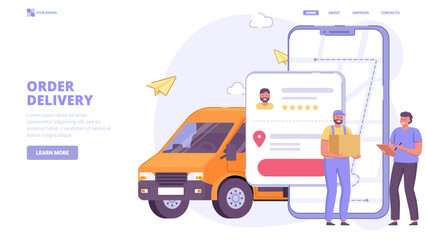 Free delivery, fast delivery, online order, online shopping with smartphone design concept for landing page. Flat vector illustration with tiny characters for  website, banner, hero image.