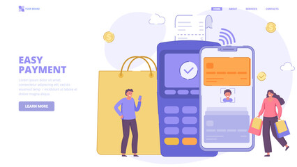 Easy cashless payment using terminal and pay pass, personal information security, design concept for landing page. Flat vector illustration with tiny characters for  website, banner, hero image.