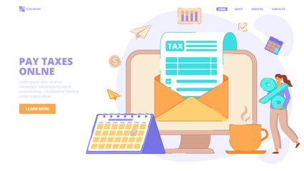 Tax payment, tax return, Design concept for site, financial report,accountant service. Flat vector illustration with characters for website, banner, landing page.