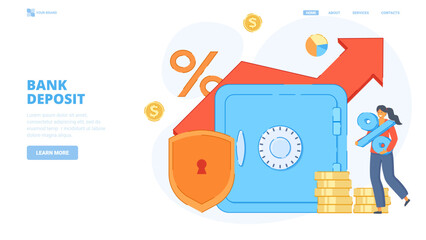 Bank deposit, save money, invest finance. Design concept for landing page. Flat vector illustration with tiny characters for website, banner,hero image.