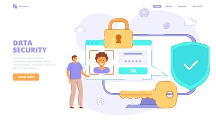 Data protection website concept. Online security concept. Laptop protected with shield and lock, personal password enter, gears and key. Flat vector illustration for landing page.
