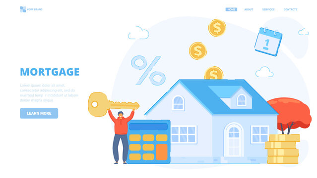 Mortgage, get credit, buy house, apartment, real estate, get loan. Design concept for landing page. Flat vector illustration with tiny characters for website, banner, hero image.
