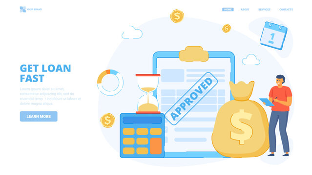 Banking service, get credit fast and easy, get loan. Design concept for landing page. Flat vector illustration with tiny characters for website, banner, hero image.