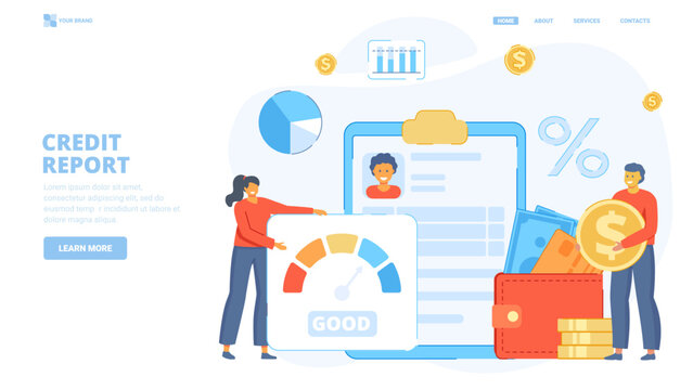 Credit report, credit rating,get loan fast and easy, get loan via smartphone application. Design concept for landing page. Flat vector illustration with tiny characters for website, banner,hero image.
