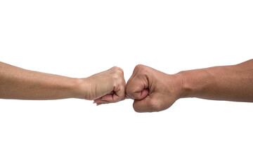 Man giving fist bump to woman, close up and isolated. 