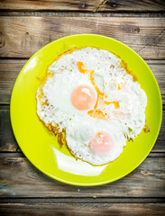 Fried eggs on a plate.