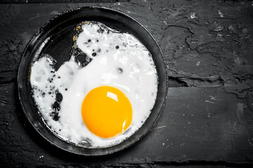 Fried egg in a frying pan.