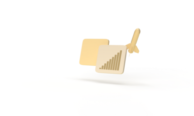 The rocket flies up against the background of cubes. Graph up. 3d render on the topic of business, work, web, technology, money. Modern minimal style. Transparent background.