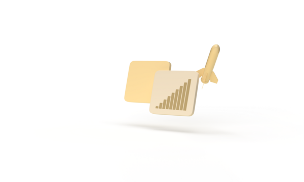 The rocket flies up against the background of cubes. Graph up. 3d render on the topic of business, work, web, technology, money. Modern minimal style. Transparent background.