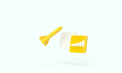A yellow rocket flies up near the cubes of the graph. 3d render on the topic of analytics, statistics, work, business, money. Modern minimal style. Blue background.