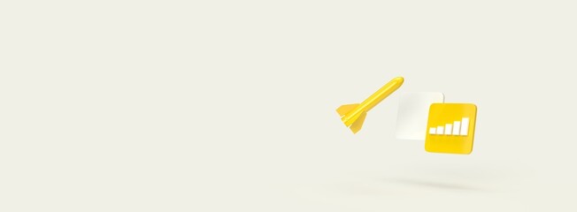 Yellow rocket flies up near the cubes of the graph. 3d render on the topic of analytics, statistics, work, business, money. Modern minimal style. Beige background.