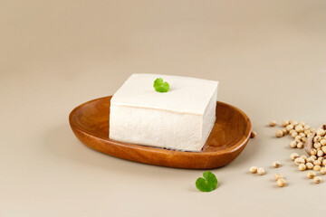 Tahu Sutra, Square Chinese White Silk Tofu on Woden Plate,