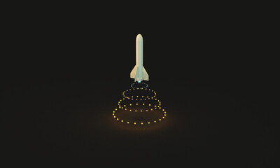 The rocket takes off and transparent balls, fire fly. 3d render on the topic of technology, innovation, space, cosmonautics. Modern minimal style. Dark background.