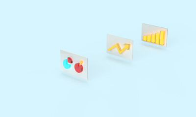 Luminous graphs and dashboards with a diagram, arrow, columns on a blue background. 3d render on the topic of business, work, presentations, office. Modern minimal style.