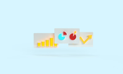 Luminous graphs and dashboards with a diagram, arrow, columns on a blue background. 3d render on the topic of business, work, presentations, office. Modern minimal style.