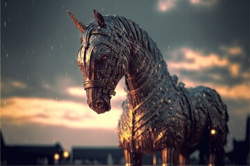 Trojan horse in the digital world, cyborg, ai, futuristic, threatening created with generative ai technology - obrazy, fototapety, plakaty