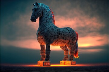 Trojan horse in the digital world, cyborg, ai, futuristic, threatening created with generative ai technology