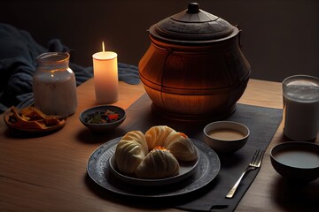 Lunar Chinese New Year Dinner Noodles Fish Dumplings Steamed Buns Hot Pot Feast Celebration Background Image
