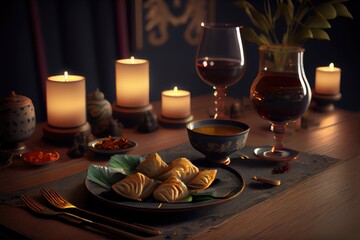 Obraz na płótnie Canvas Lunar Chinese New Year Dinner Noodles Fish Dumplings Steamed Buns Hot Pot Feast Celebration Background Image