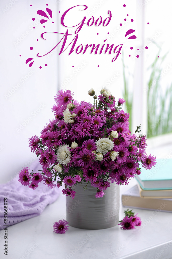 Canvas Prints Good morning! Beautiful flowers, books and violet cloth on white table