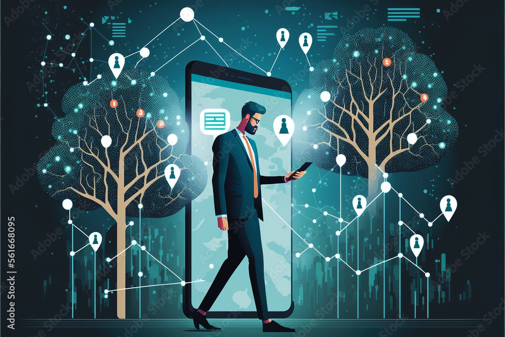 Poster using mobile smartphone and icon network connection data with growth graph customer, digital marketi