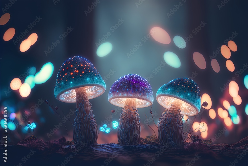 Poster detailed view of three mystical, luminous mushrooms in a forested setting steeped in mystery. genera