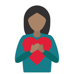 simple flat black dark haired woman person holding hugging a red heart