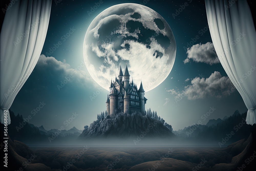 Poster literally something out of a fairy tale. clouds concealing a mysterious tower in the distance genera