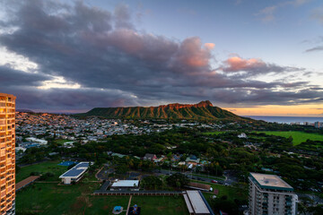 Golden Hour Sun Peeks through on Diamond Head in Waikiki Honolulu Hawaii