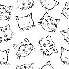 seamless pattern set of cats faces. hand drawn illustration of cats. lineart. outline. kittens with different expressions. isolated on white background.