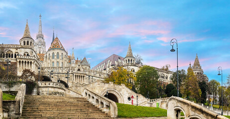 Scenic sunset view of Fisherman Bastion fortress in Budapest