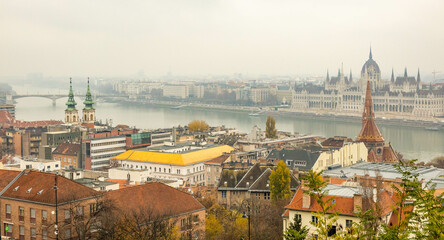 Fototapeta na wymiar Budapest cityscape view across Danube river with city parliament