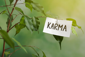 Sheet of paper with word Karma on branch against blurred background