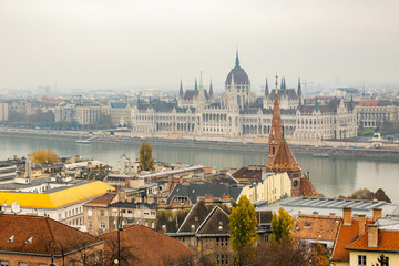 Fototapeta premium Budapest cityscape view across Danube river with city parliament