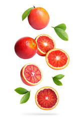 Red oranges with green leaves falling on white background