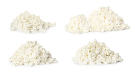 Collage with tasty cottage cheese on white background