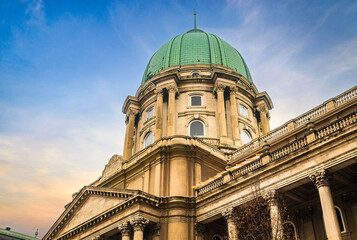 Royal palace Buda castle exterior in Budapest at sunset